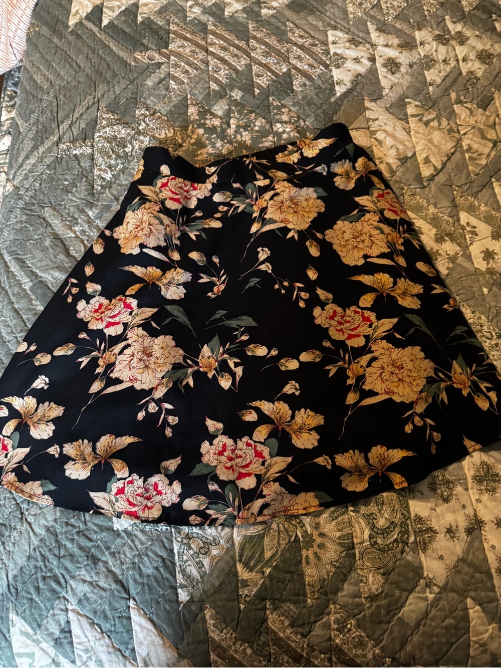 Glamorous Black Floral Skater Skirt with Cream & Pink Blooms